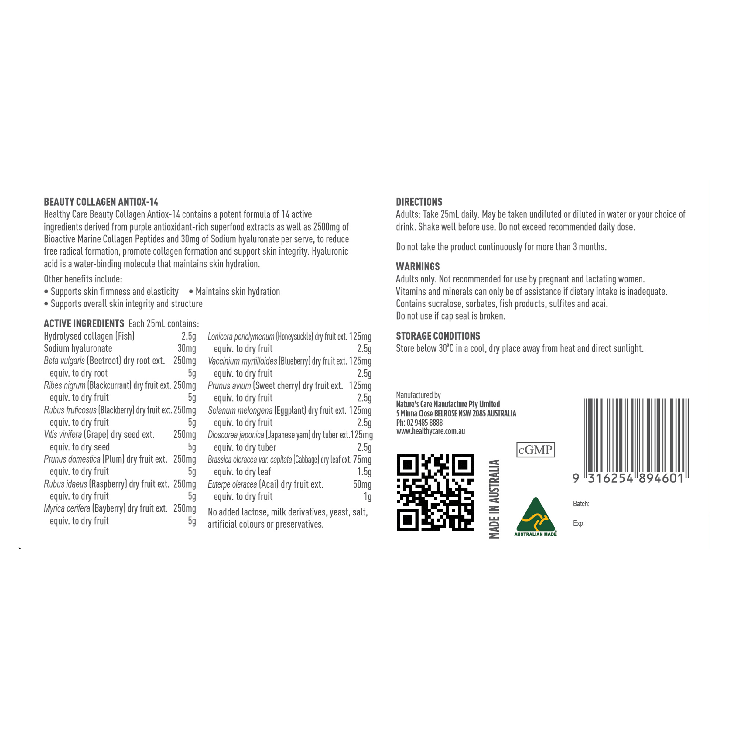 Healthy Care Beauty Collagen Antiox-14 PLUS Shots 25mL x 7 Pack