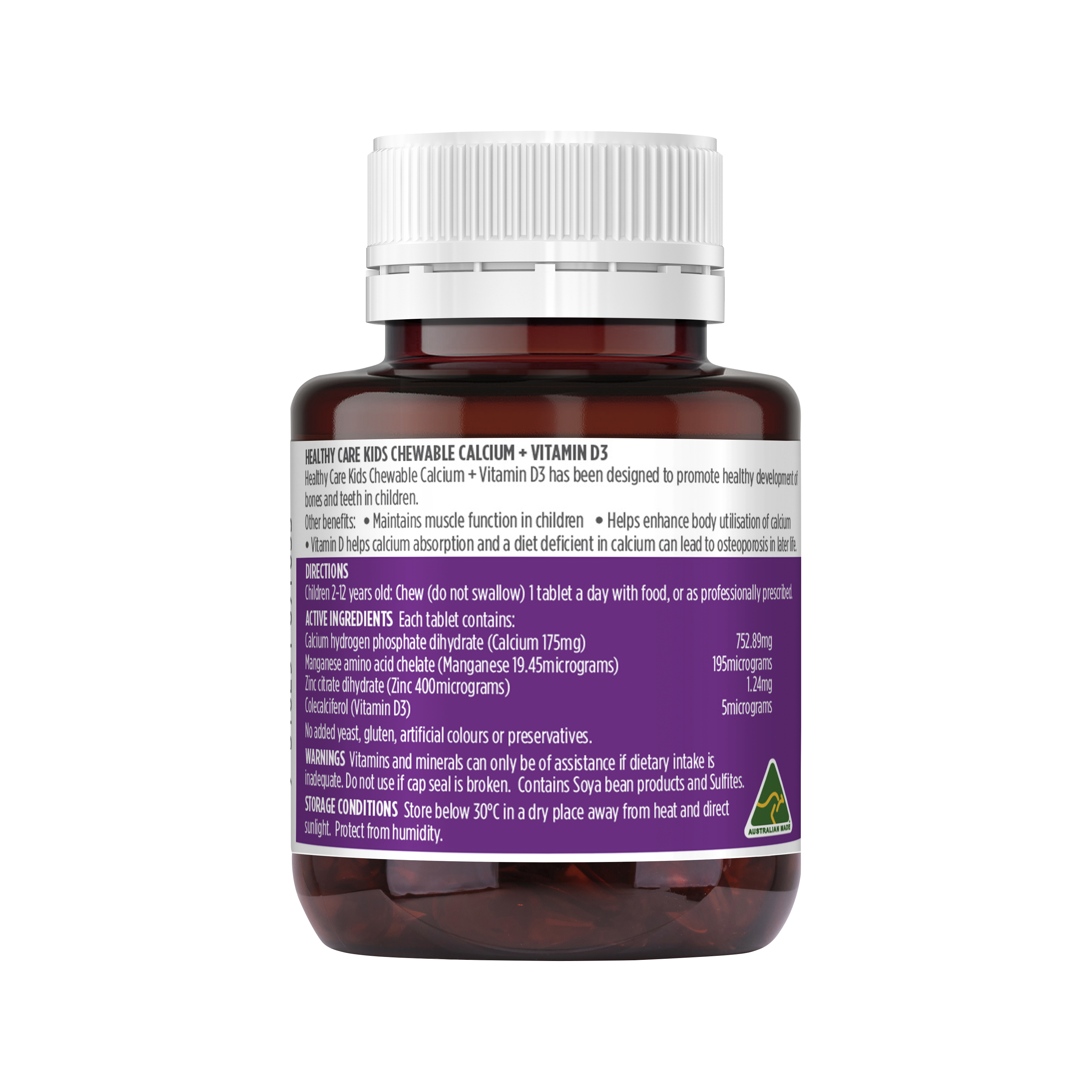 Healthy Care Kids Calcium + Vitamin D3 - 60 Chewable Tablets - Healthy Care Australia