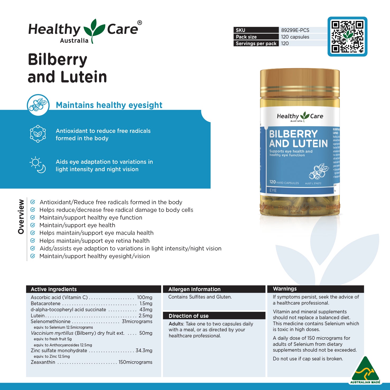 Healthy Care Bilberry and Lutein  120 Capsules