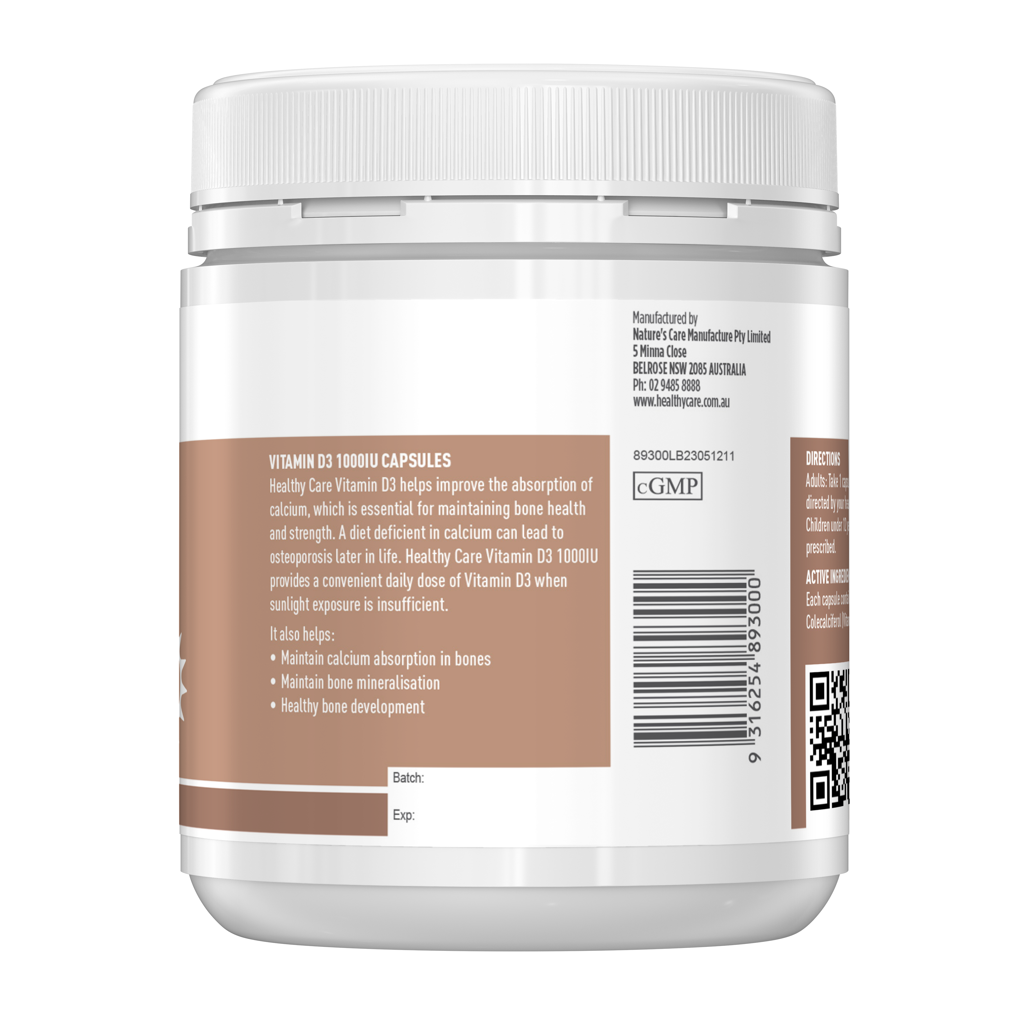 Healthy Care Vitamin D3 1000IU - 500 Capsules - Healthy Care Australia